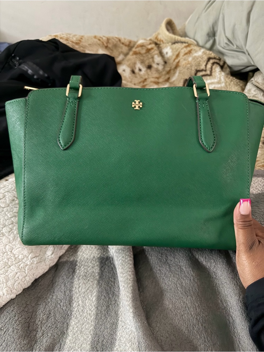 Tory Burch Emerald Green Saffiano Tote with Gold Hardware